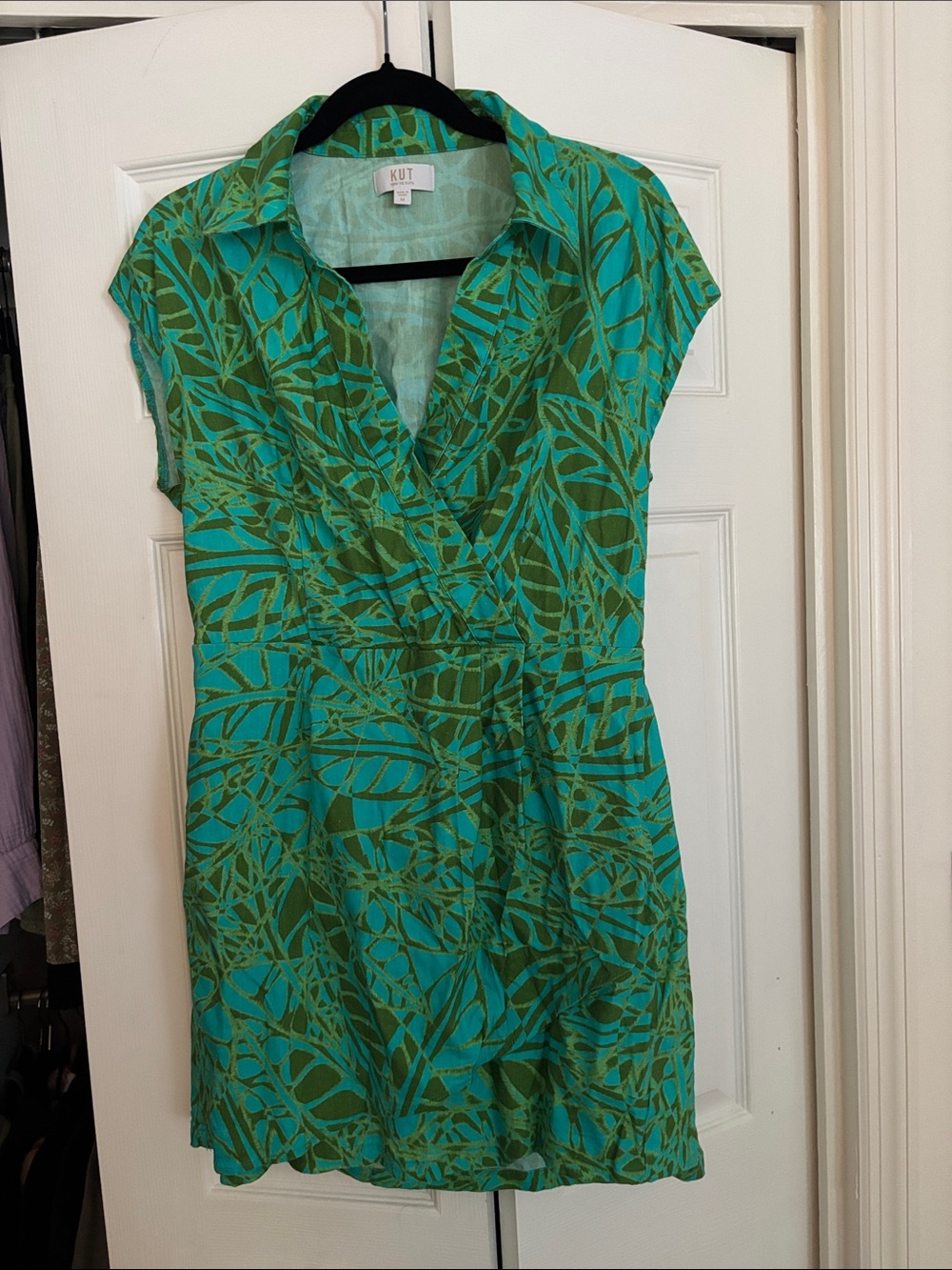 KUT from the Kloth Teal & Olive Leaf Print Wrap Dress